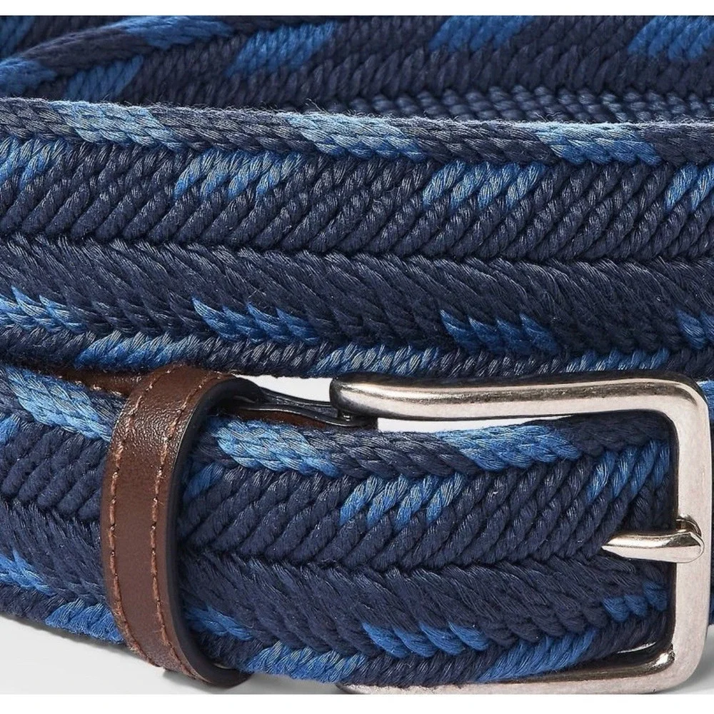 Goodfellow & Co Mens Braided Fabric Belt Med 32-34 Two Tone Blue Brown/silver